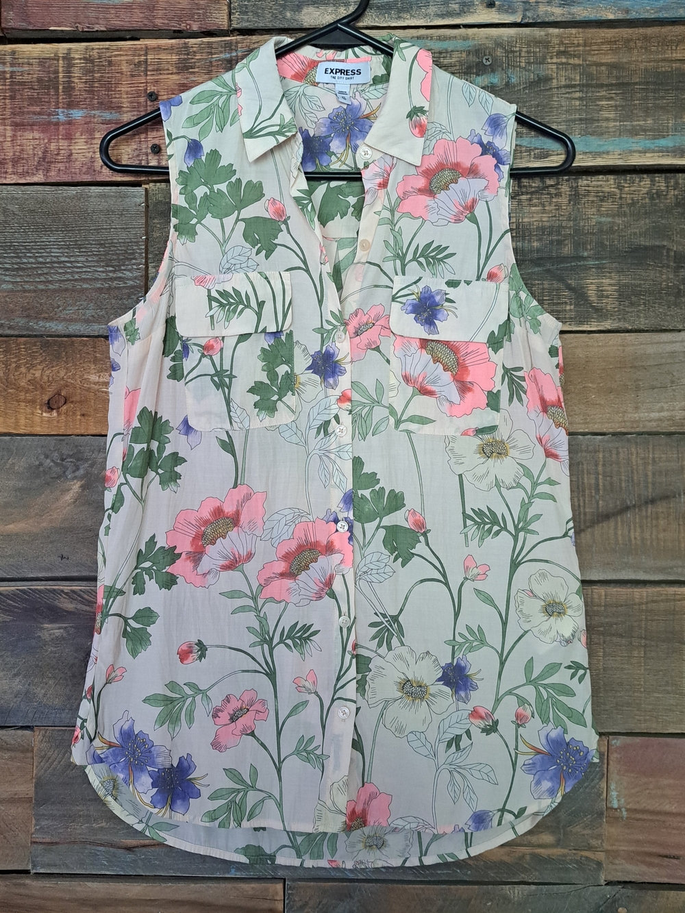 Express Sleeveless Floral Button-Front Top in Cream, Pink, Green & Purple